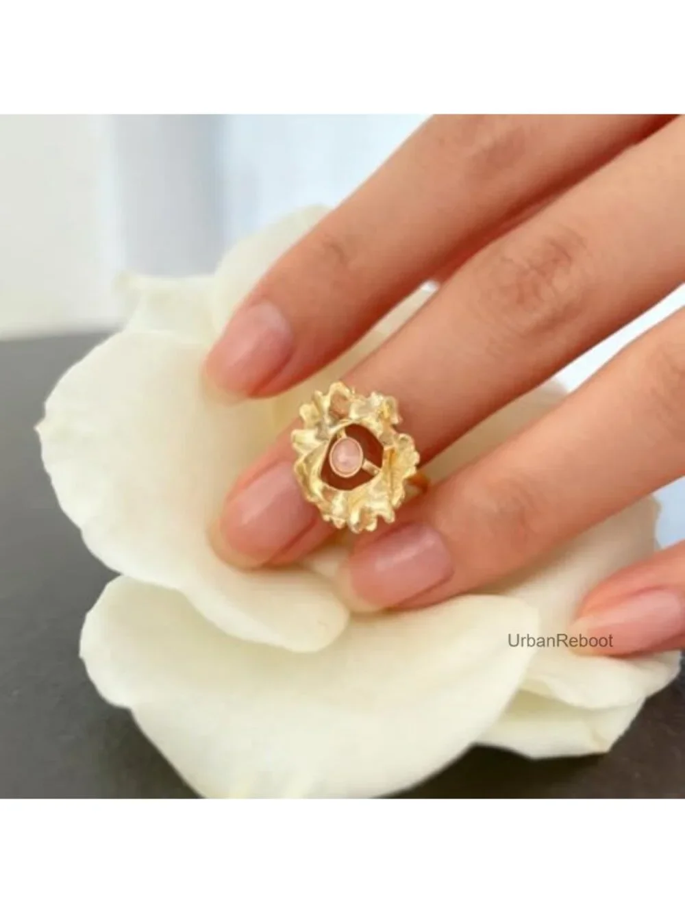 Stainless Steel Hammered Floral Ring with Pink Gemstone, Adjustable Sizes 7-10,